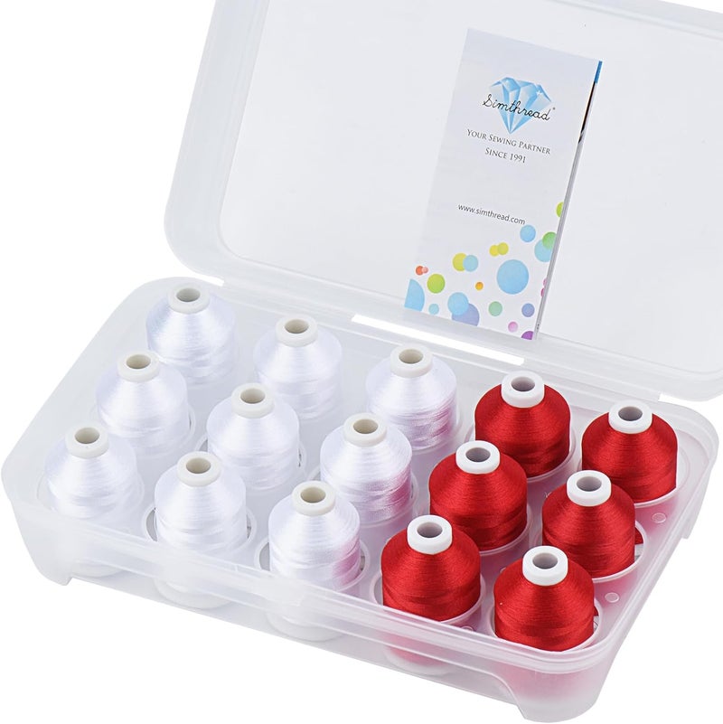 simthread Machine Embroidery Thread 1000M White 001 + Red 800, with Storage Box Polyester 15 Spools Set for Embroidery Quilting Machine - Image 1
